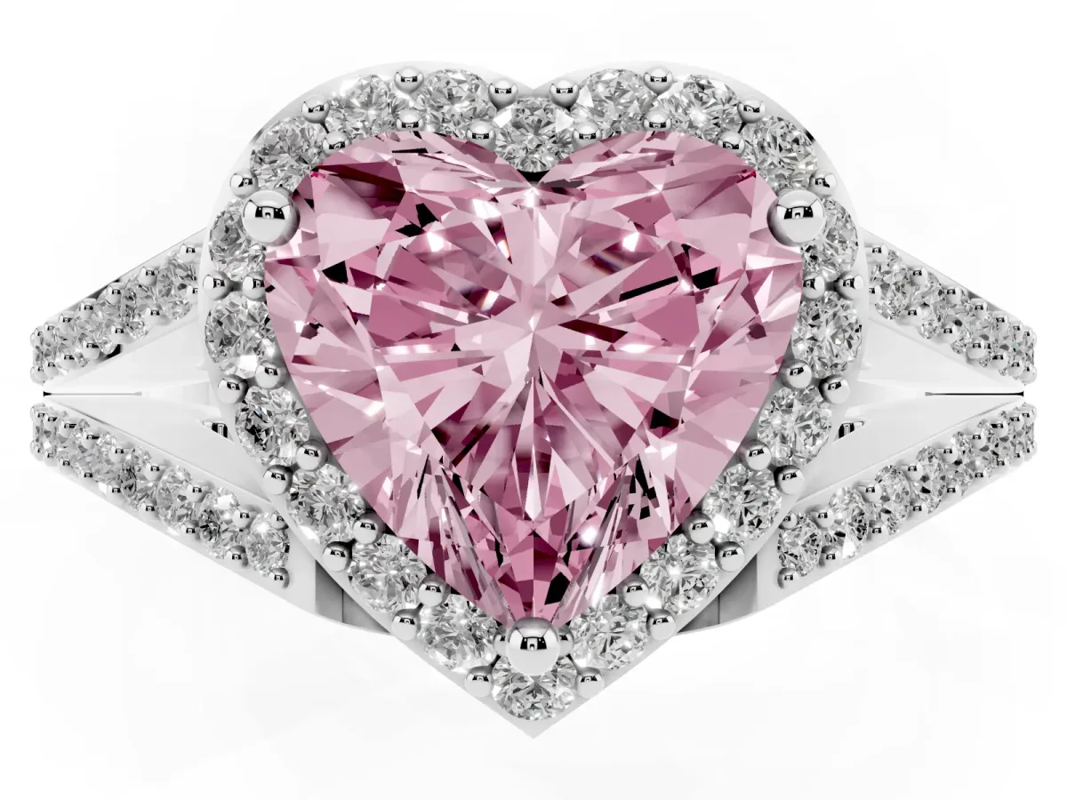 Fancy Pink Heart Cut Halo Split Shank Diamond Ring with Prong Setting Silver