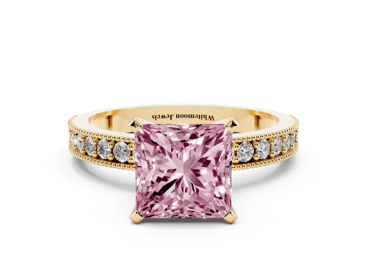Fancy Pink Princess Cut Diamond Milgrain Pavé Engagement Ring with Four-Prong Setting Yellow gold