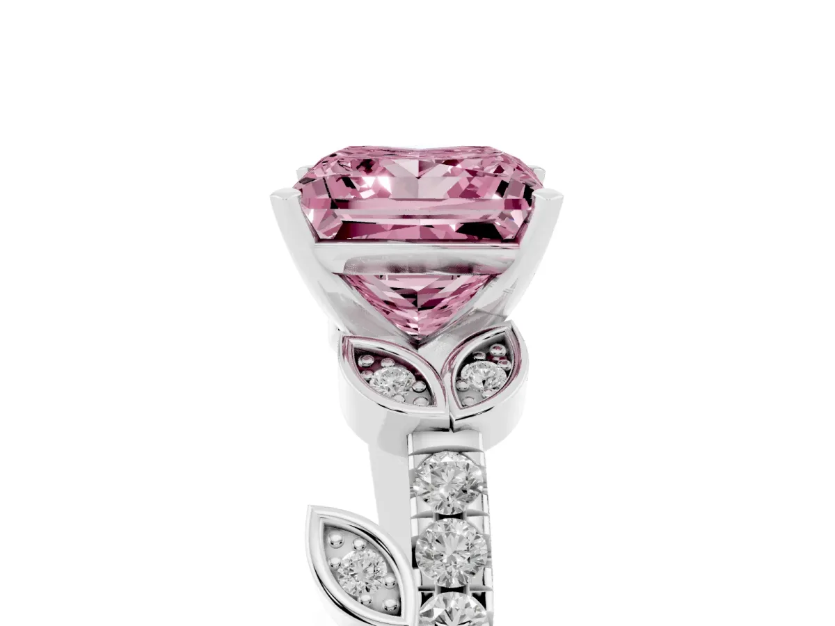 Fancy Pink Princess Cut Solitaire Leaf-Inspired Diamond Ring with Pavé Band and Four-Prong Setting Silver