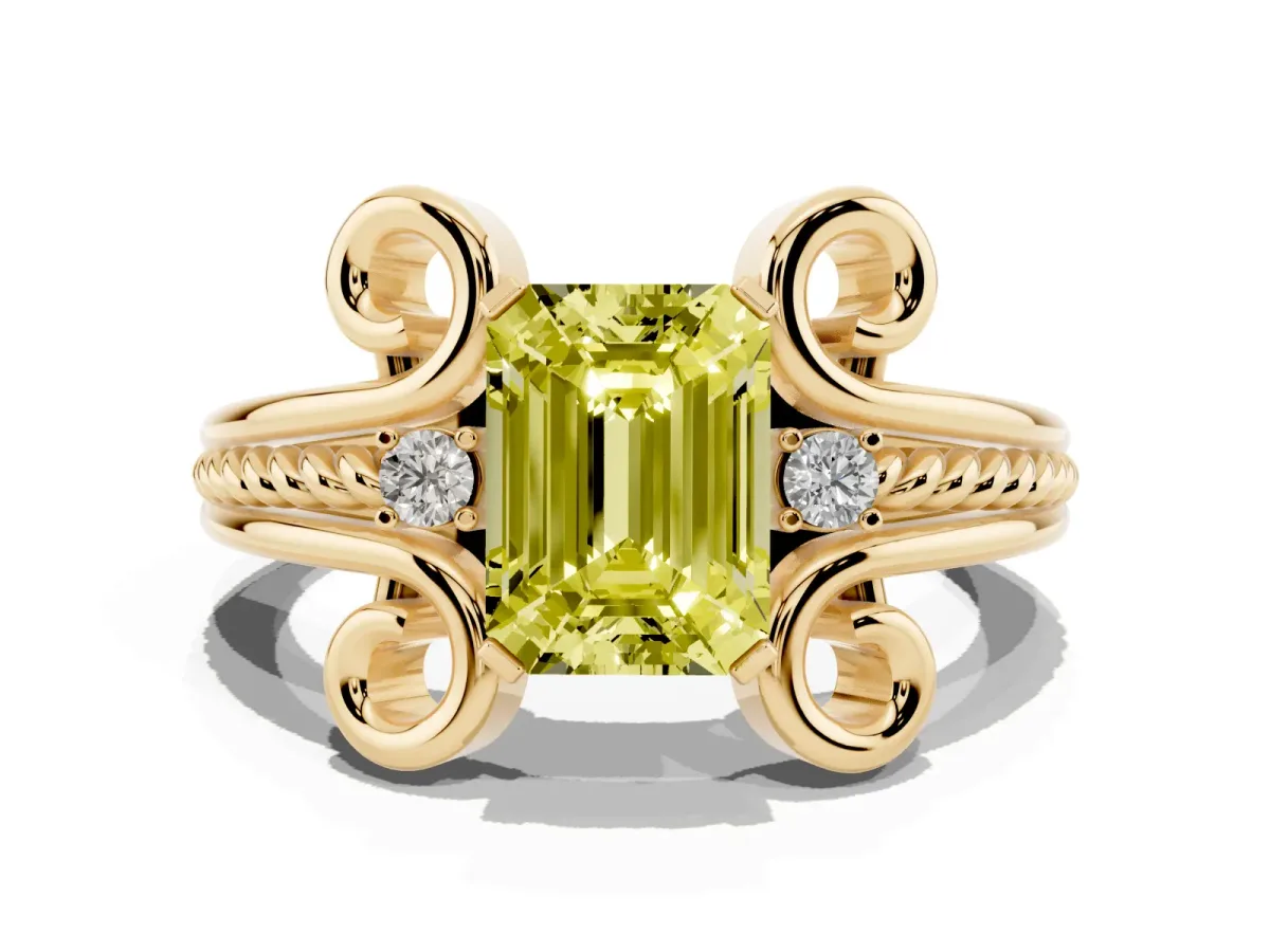 Fancy Yellow Emerald Cut Solitaire Twisted Band Scroll Prong Ring Yellow gold