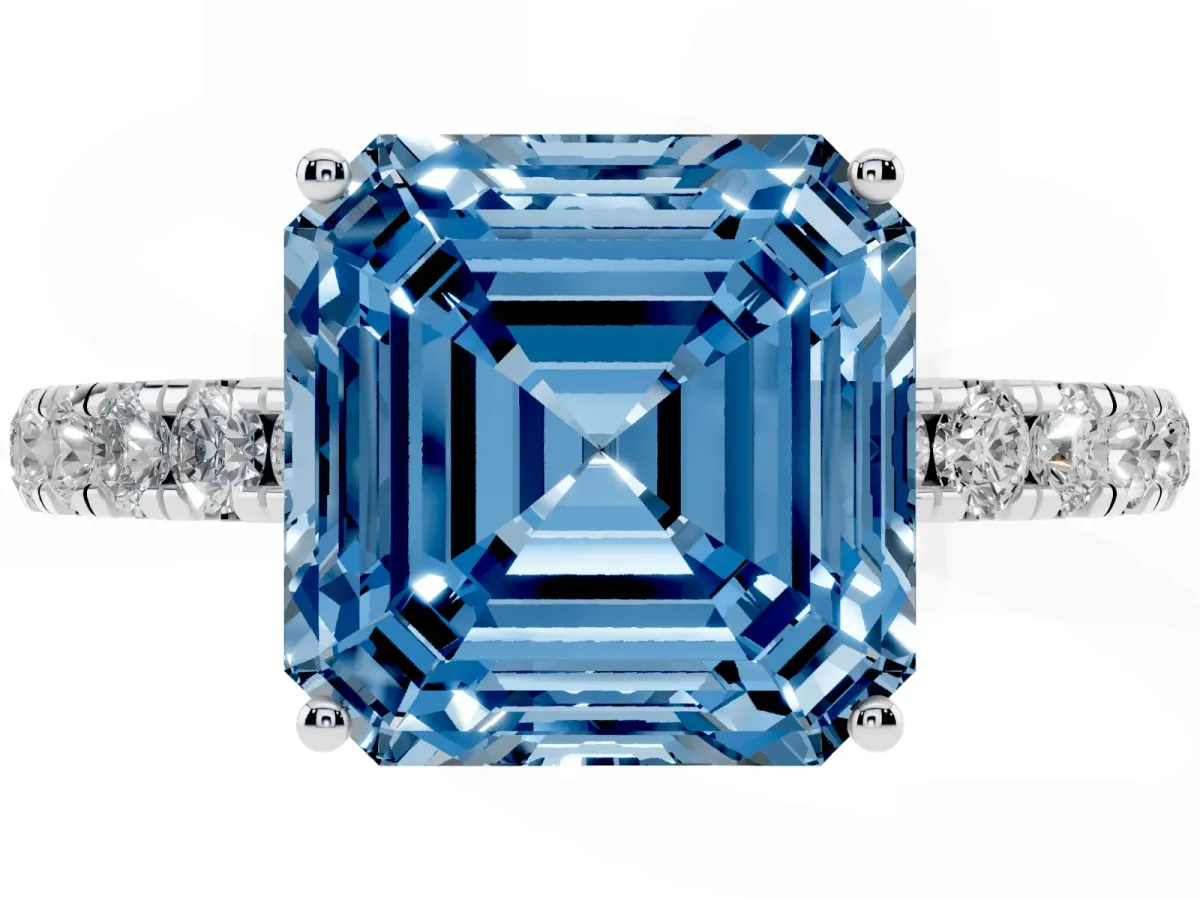 Fancy Blue Asscher Cut Diamond Pavé Solitaire Engagement Ring with Four-Prong Setting Platinum