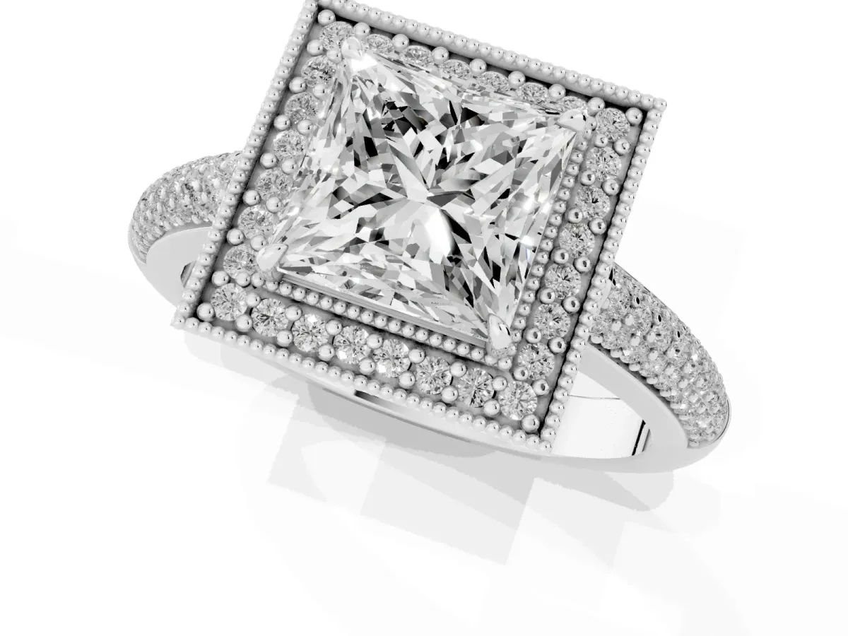Princess Cut Cut Halo Diamond Pave Band with Four-Prong Setting Silver