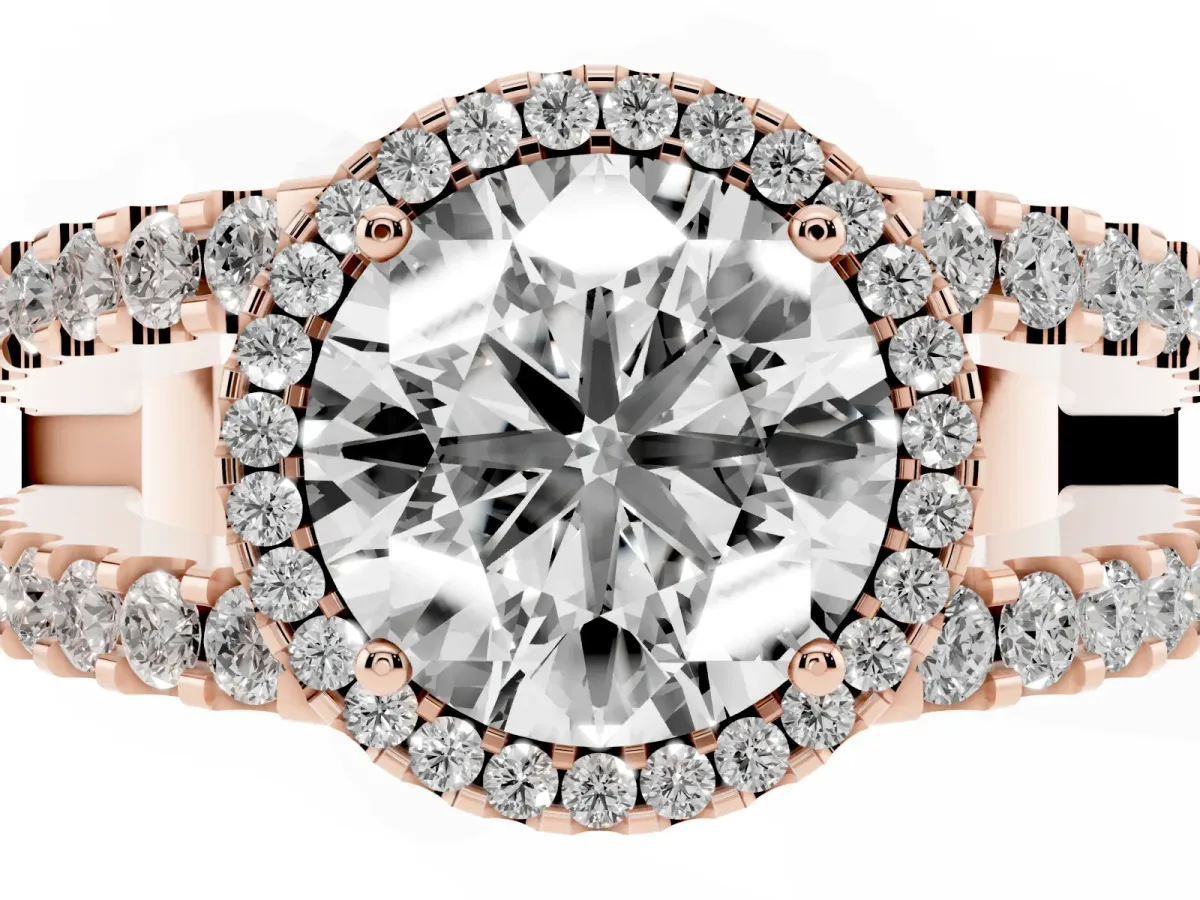 Round Cut Cut Halo Split Shank Diamond Ring with Four-Prong Setting Rose gold
