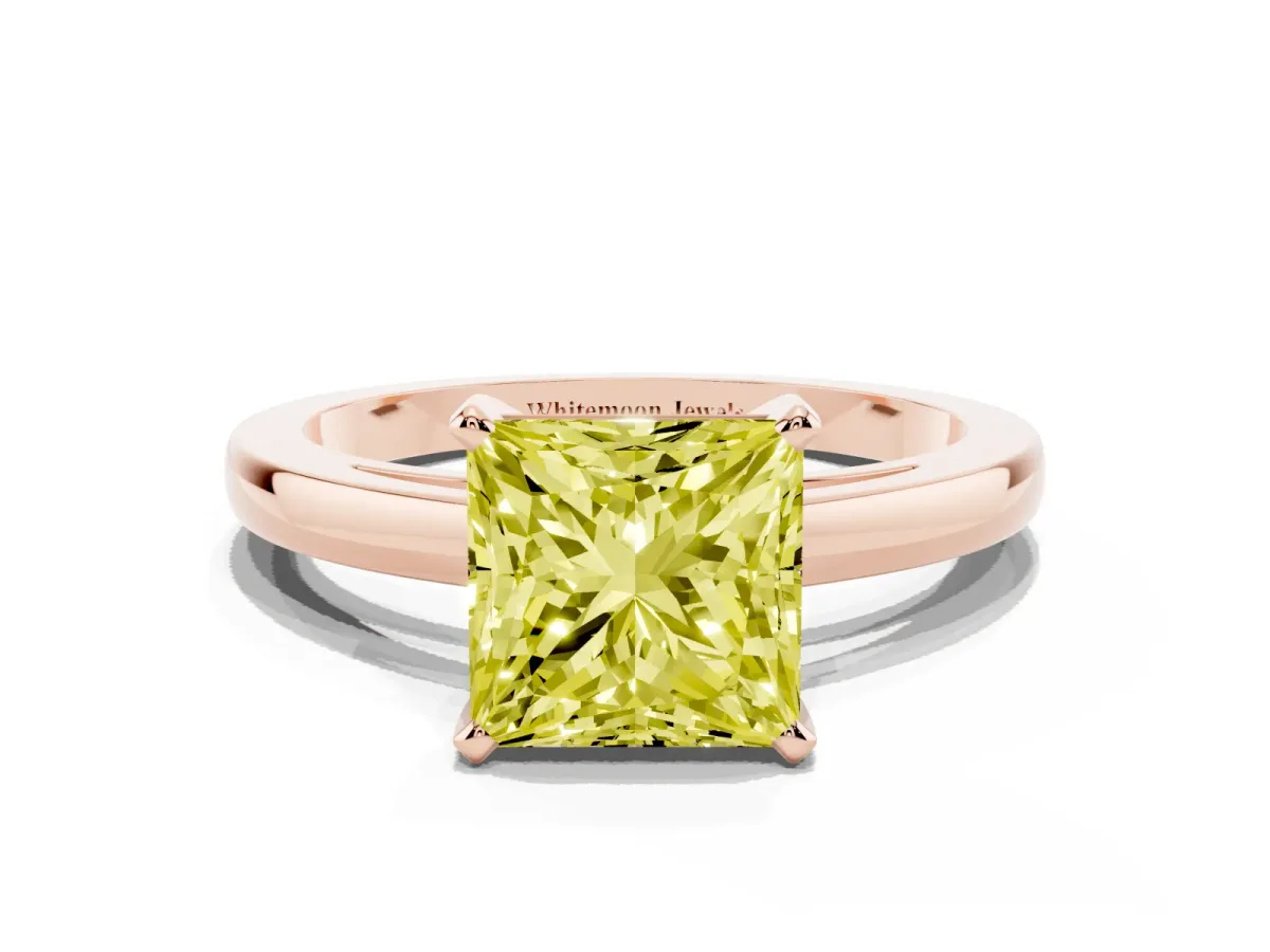 Fancy Yellow Princess Cut Solitaire Diamond Engagement Ring with Four-Prong Setting on a Classic Band Rose gold