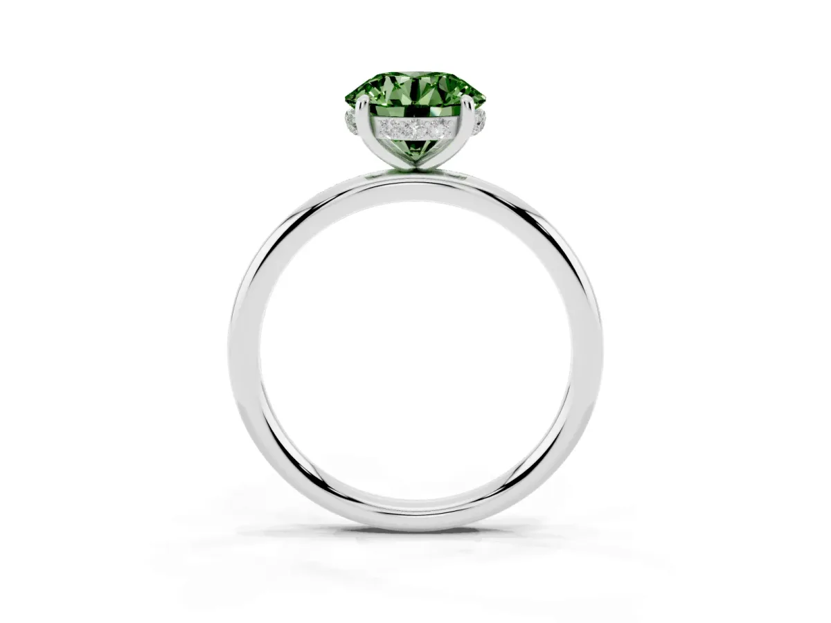 Fancy Green Round Cut Solitaire Diamond Ring with a Classic Band and Four-Prong Setting Silver