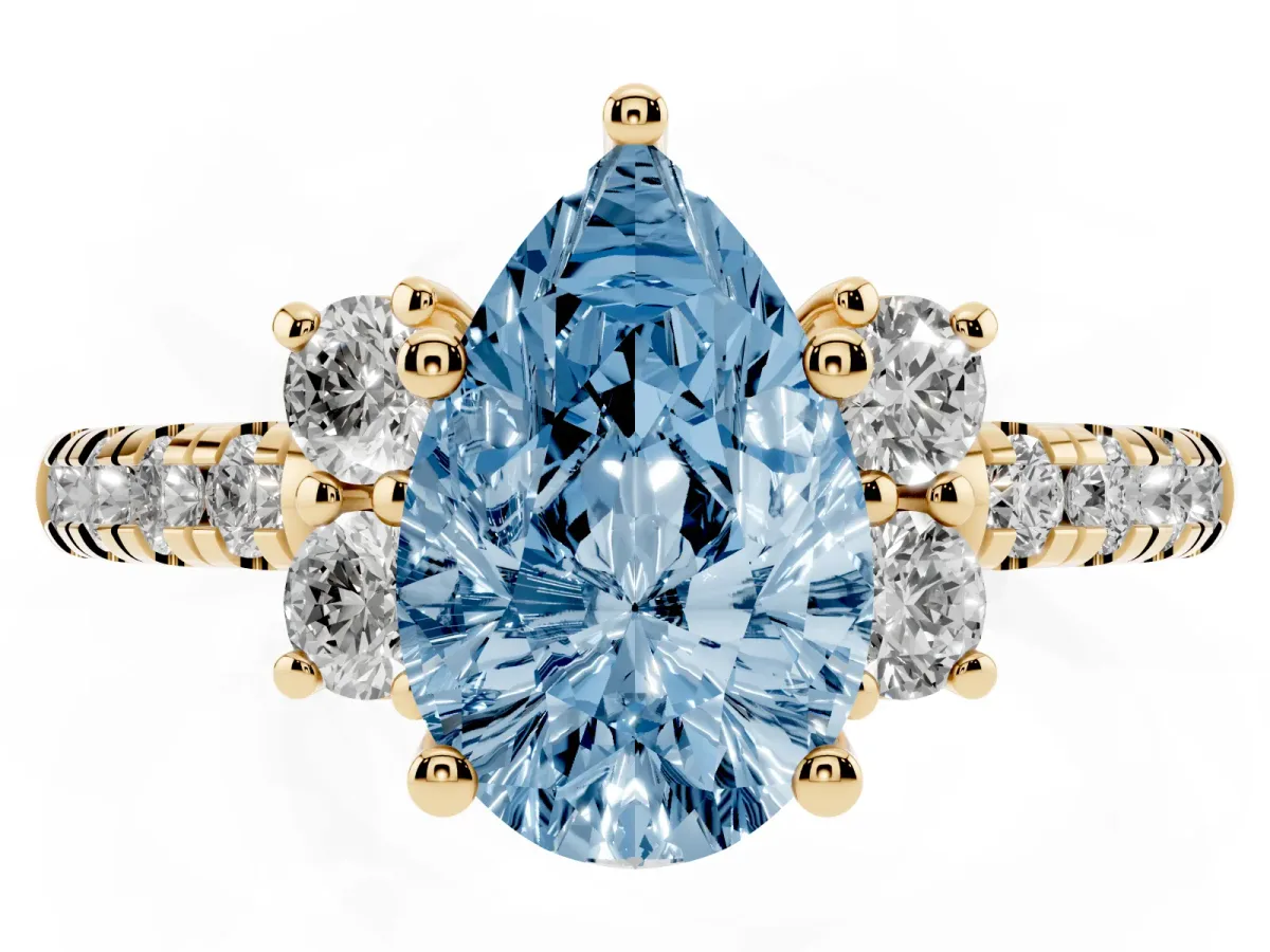 Fancy Blue Pear Cut Diamond Three-Stone Pave Band with Four-Prong Setting Yellow gold