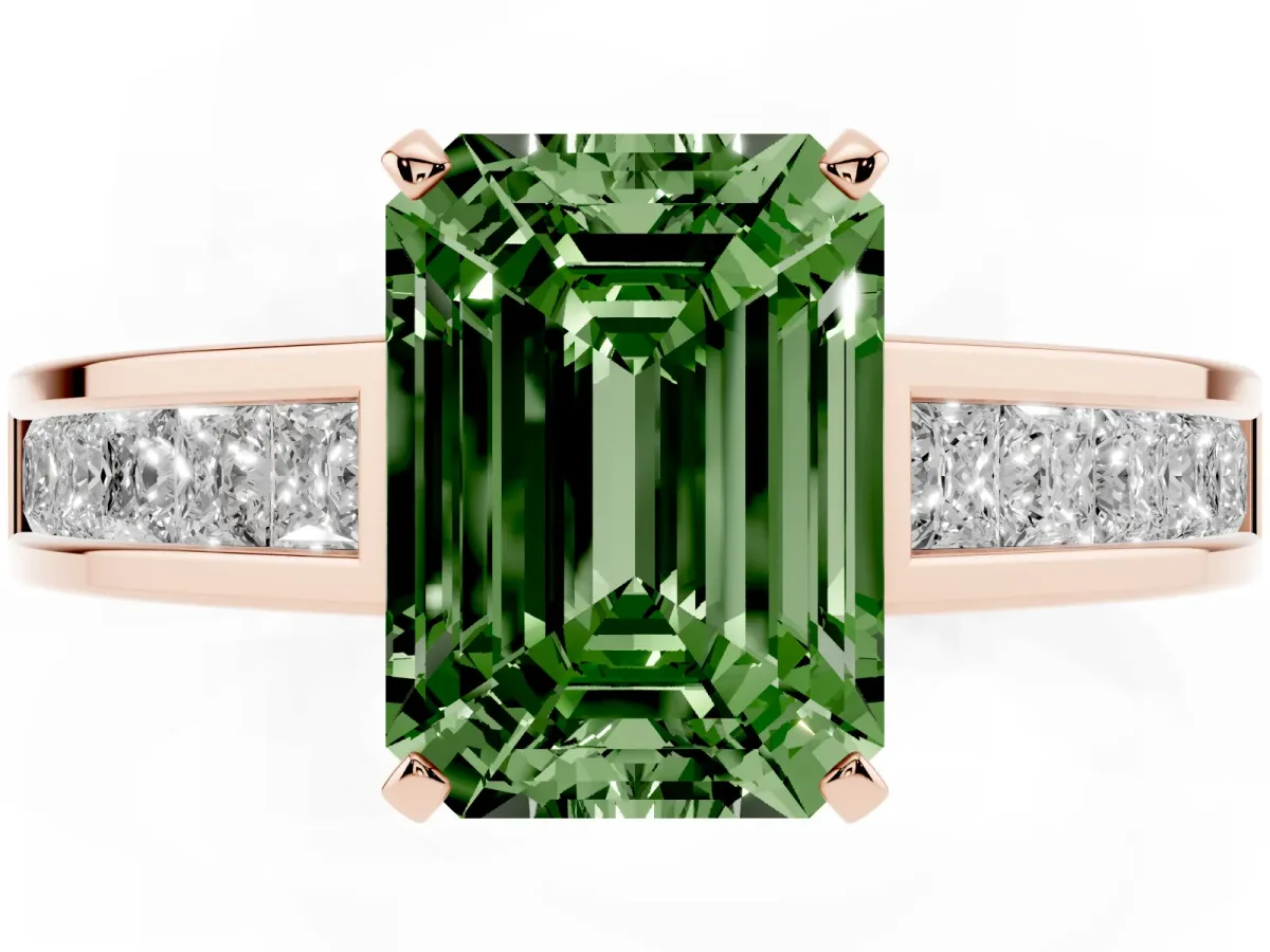 Fancy Green Emerald Cut Solitaire Diamond Ring with Channel-Set Band and Four-Prong Setting Rose gold