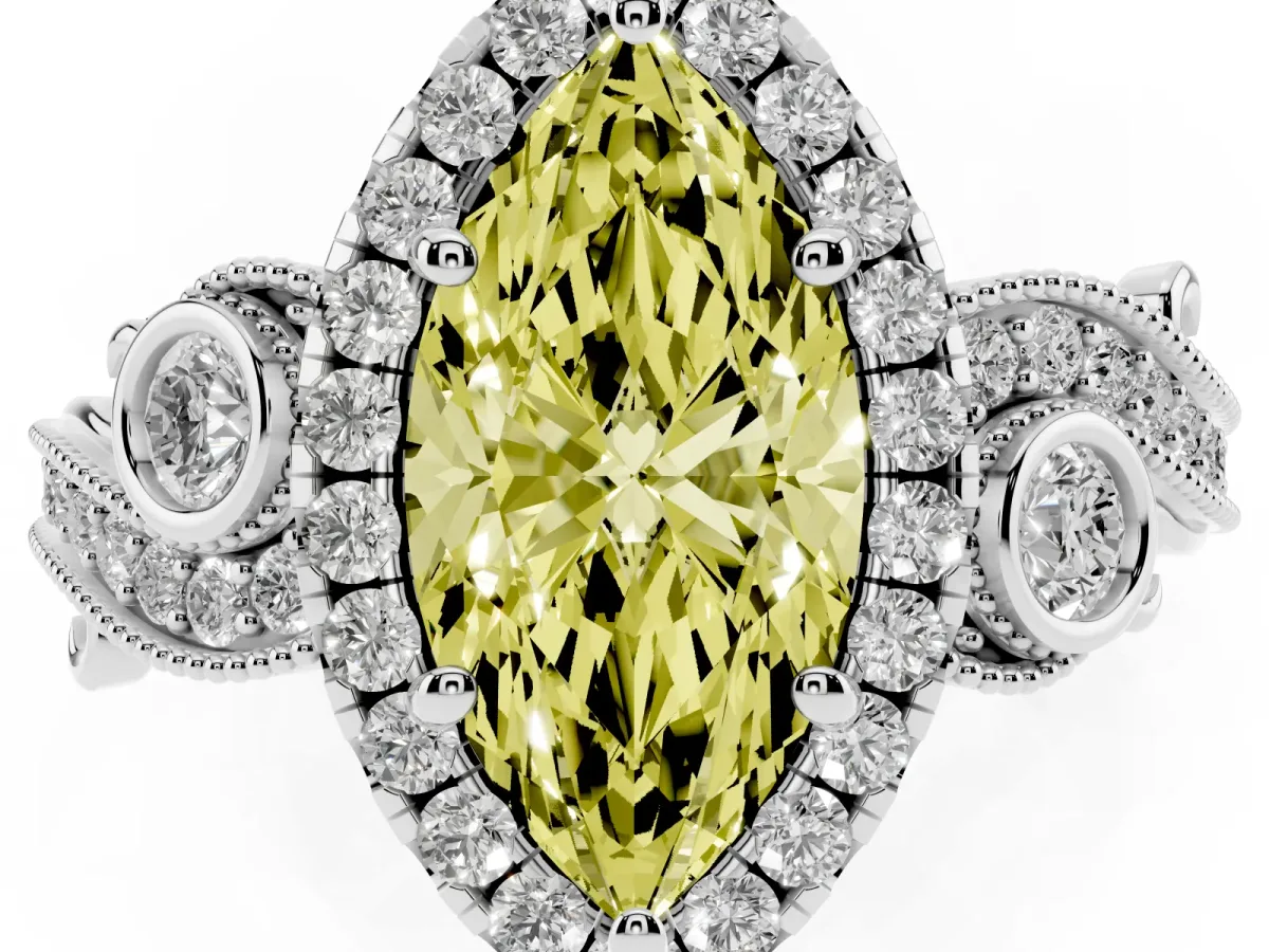 Fancy Yellow Marquise Cut Diamond Halo Ring with Milgrain Pavé Band and Four-Prong Setting White gold