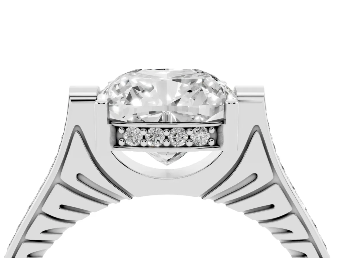 Cushion Cut Solitaire Diamond Ring with Channel Set Band and Bezel Prong Setting Silver