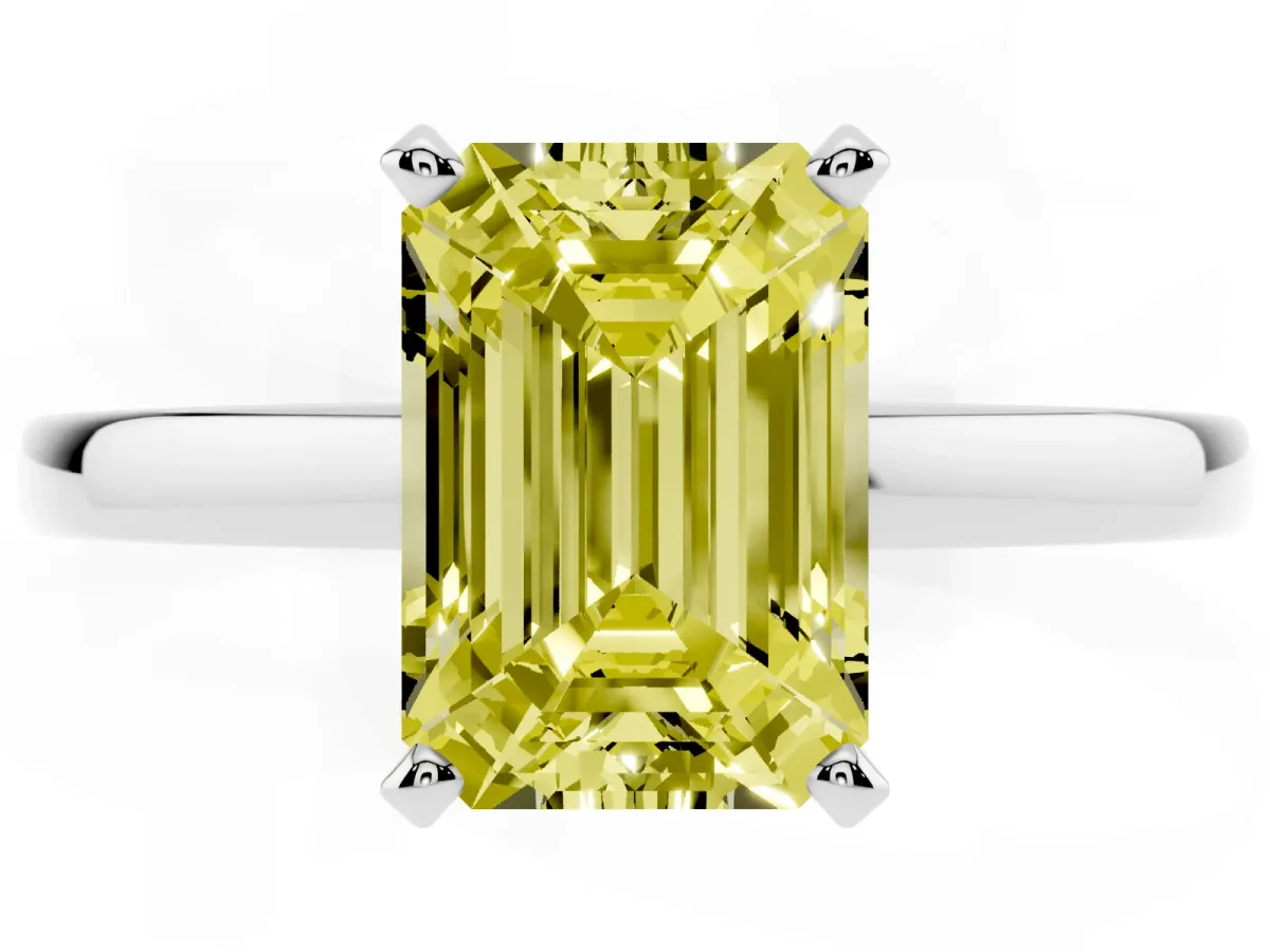 Fancy Yellow Emerald Cut Solitaire Diamond Engagement Ring with Four-Prong Setting on a Classic Band White gold