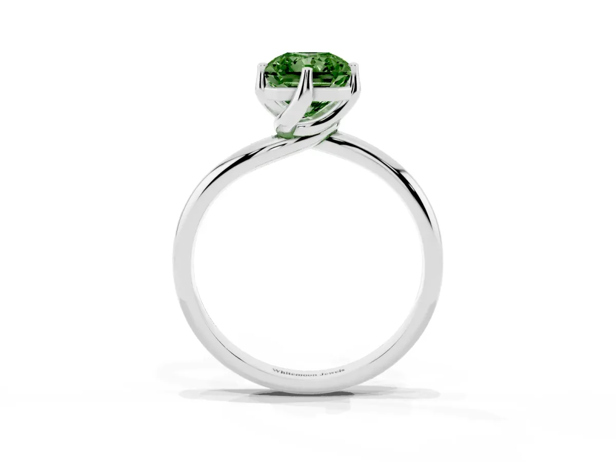 Fancy Green Radiant Cut Diamond Solitaire Engagement Ring with Four-Prong Setting and Classic Band Silver