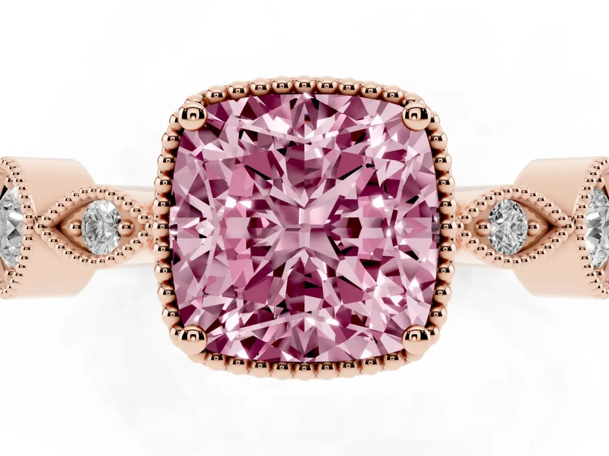 Fancy Pink Cushion Cut Diamond Vintage Milgrain Ring with Round Stations Rose gold