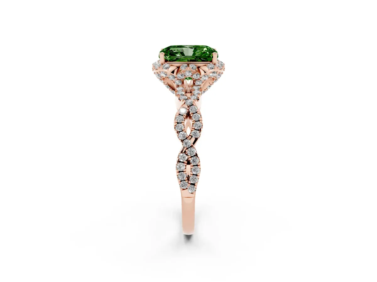 Fancy Green Radiant Cut Halo Twist Band Solitaire Ring with Six-Prong Setting Rose gold