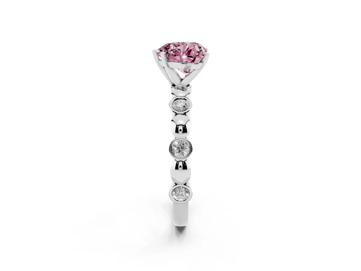 Fancy Pink Heart Cut Solitaire Bezel-Set Diamond Ring with Beaded Band and Four-Prong Setting Silver