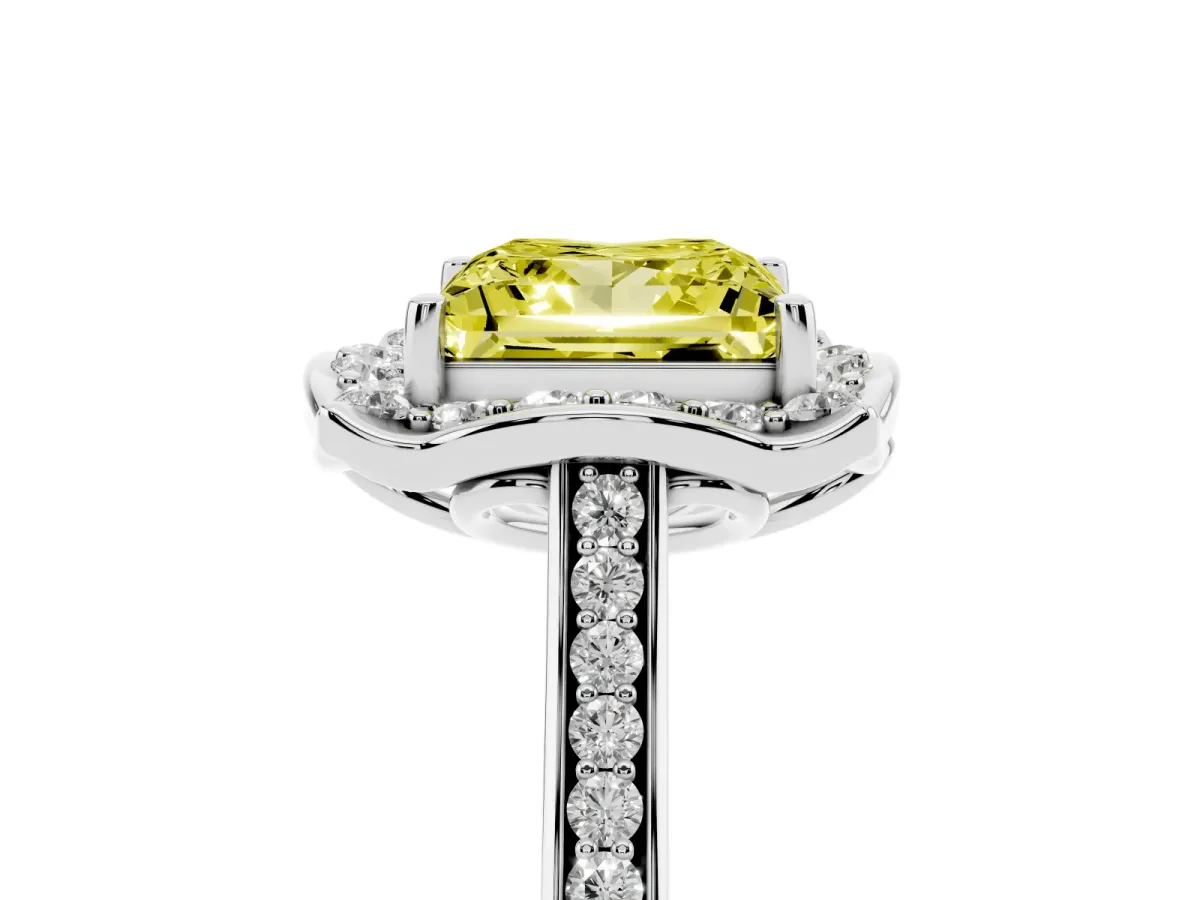 Fancy Yellow Princess Cut Halo Round Diamond Pave Band with Four-Prong Setting White gold