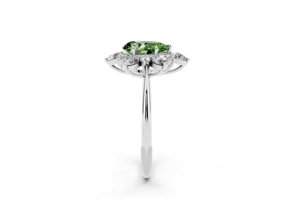 Fancy Green Pear Cut Diamond Cluster Halo Ring with Solitaire Band and Four-Prong Setting Silver