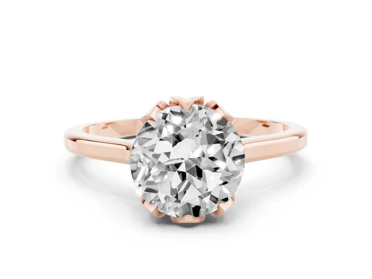 Round Cut Diamond Solitaire Ring with Flower Prong Setting and Classic Band Rose gold
