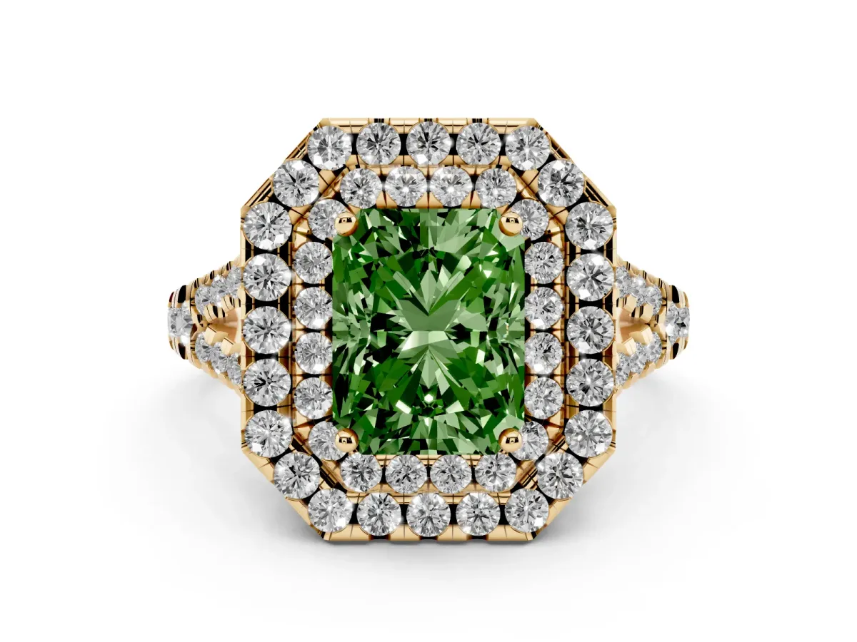 Fancy Green Double Halo Radiant Cut Diamond Pavé Split Shank Ring with Prong Setting Yellow gold