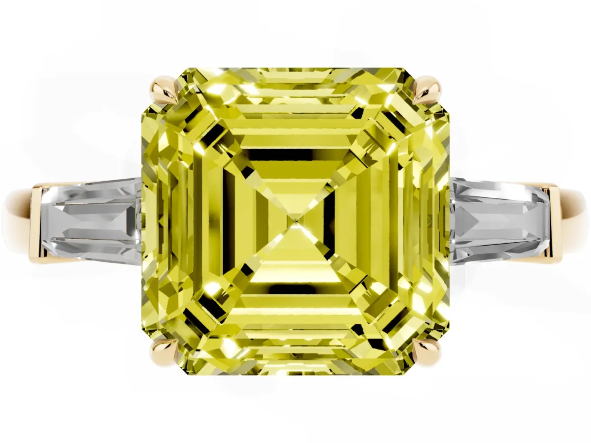 Fancy Yellow Asscher Cut Diamond Three-Stone Ring with Tapered Baguette Side Stones and Prong Setting Yellow gold