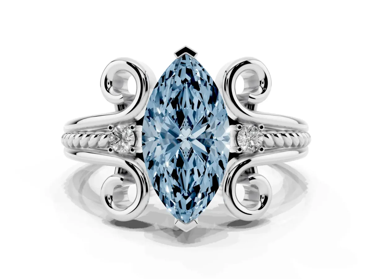 Fancy Blue Marquise Cut Solitaire Twisted Band Scroll Prong Ring Platinum
