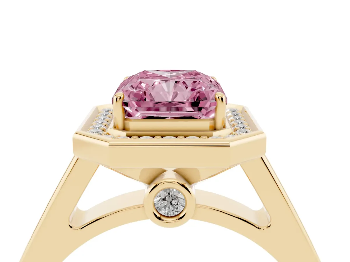 Fancy Pink Emerald Cut Halo Solitaire Diamond Ring with Pave Band and Bezel Setting Yellow gold