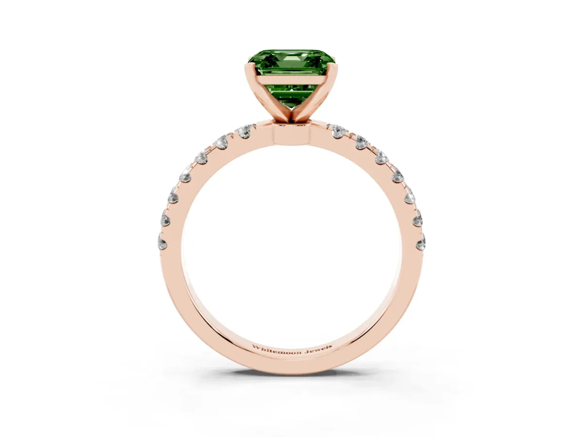 Fancy Green Asscher Cut Diamond Solitaire Ring with Pavé Accents and Four-Prong Setting Rose gold