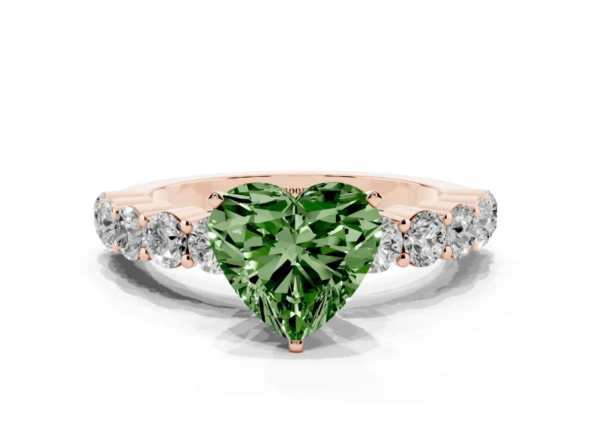 Fancy Green Heart Cut Diamond Solitaire Ring with Shared Prong Round Side Stones Rose gold