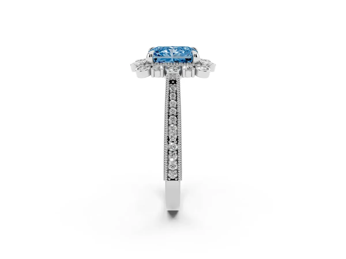 Fancy Blue Radiant Cut Halo Milgrain Pave Diamond Ring with Four-Prong Setting Silver