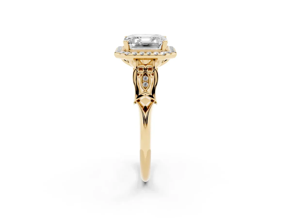 Asscher Cut Halo Diamond Engagement Ring with Filigree Band and Four-Prong Setting Yellow gold