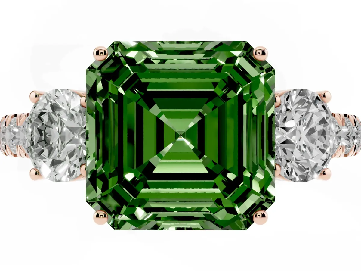 Fancy Green Asscher Cut Cut Diamond Three-Stone Ring with Round Side Stones and Pavé Band Rose gold