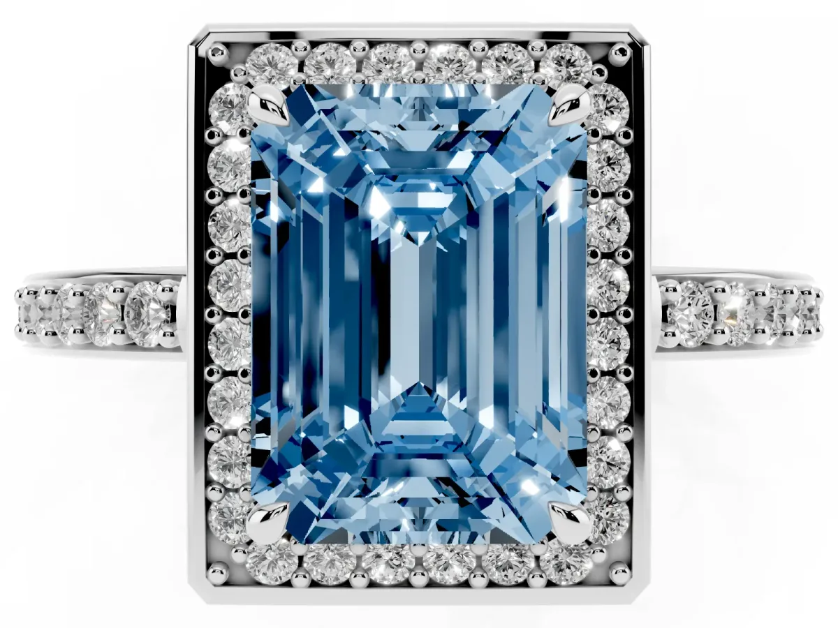 Fancy Blue Emerald Cut Halo Pave Band Solitaire Ring with Prong Setting Silver