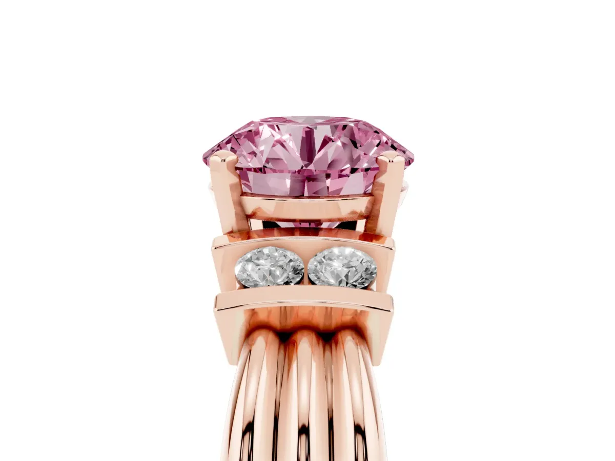 Fancy Pink Round Cut Cut Three-Stone Channel Set Ring with Bar Prongs Rose gold