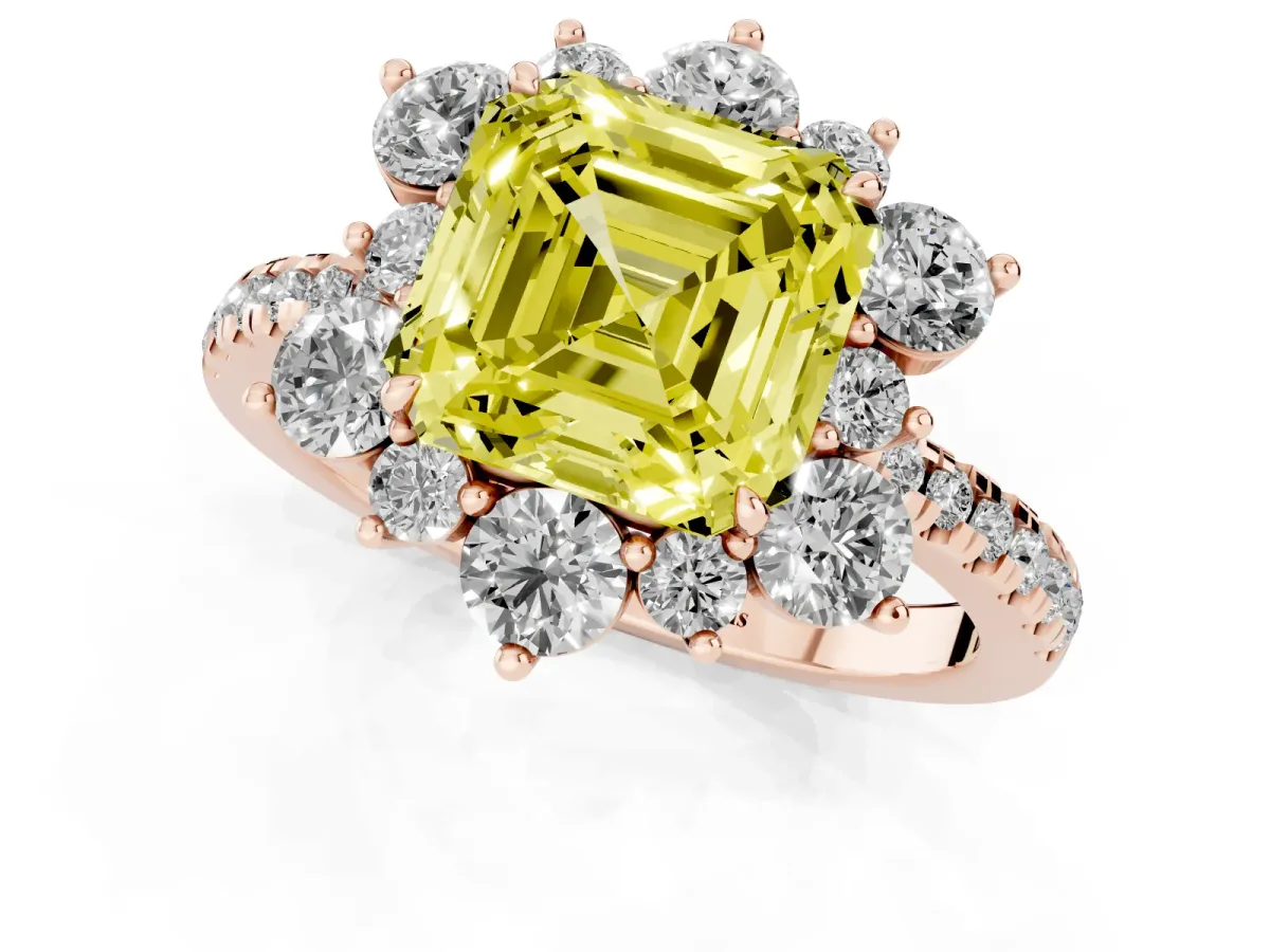 Fancy Yellow Asscher Cut Diamond Floral Halo Ring with Round Pavé Band and Prong Setting Rose gold