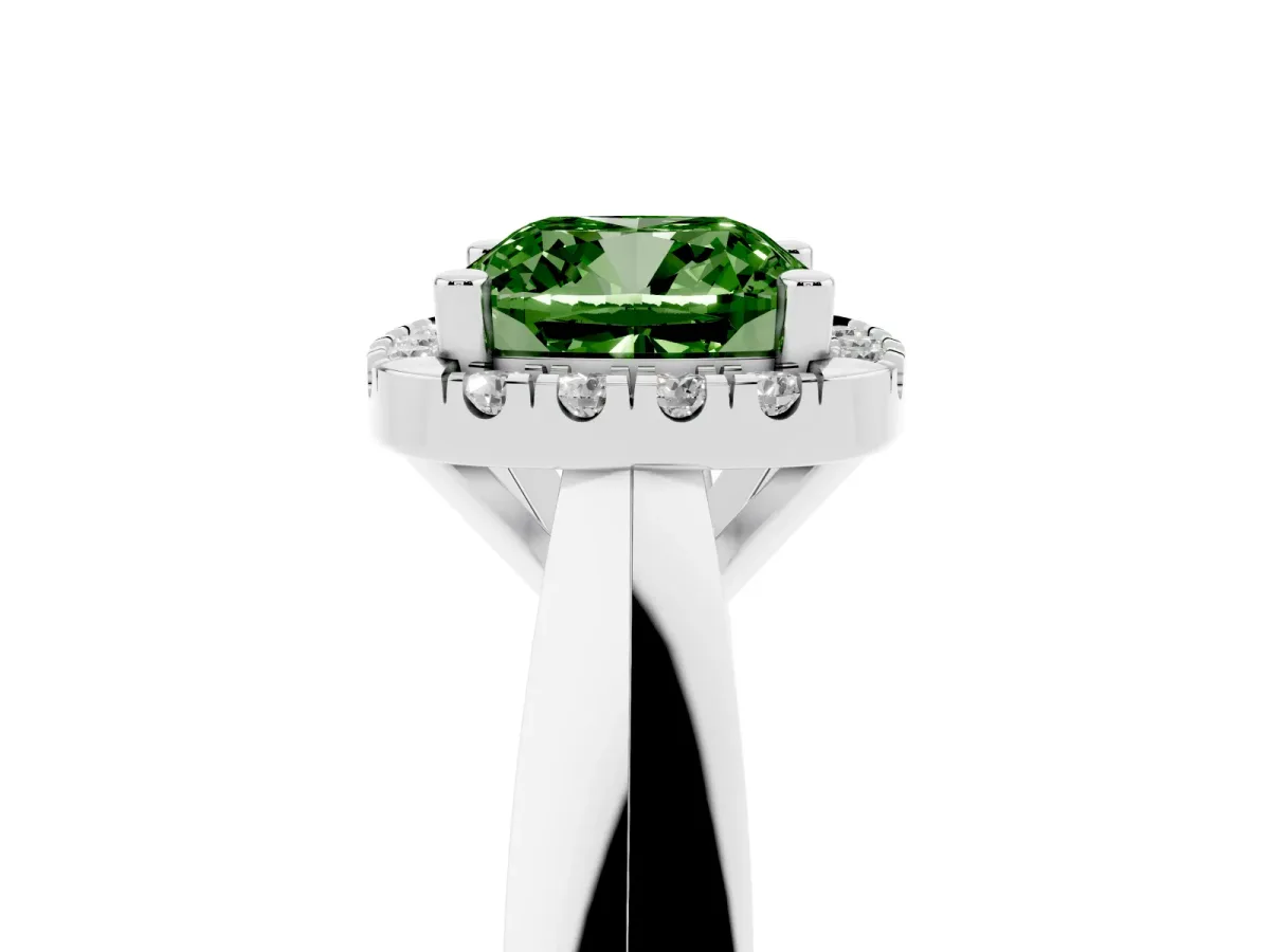 Fancy Green Cushion Cut Cut Halo Solitaire Engagement Ring with Square Band and Four-Prong Setting White gold