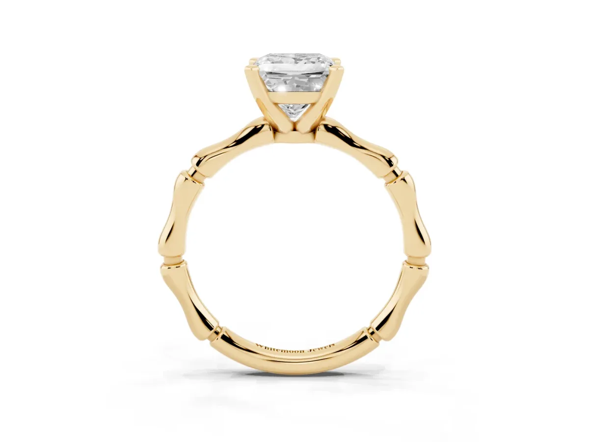 Princess Cut Solitaire Diamond Ring with Bamboo Band and Four-Prong Setting Yellow gold