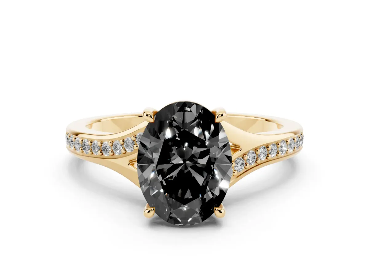 Fancy Black Oval Cut Diamond Solitaire Ring with Pavé Band and Prong Setting Yellow gold