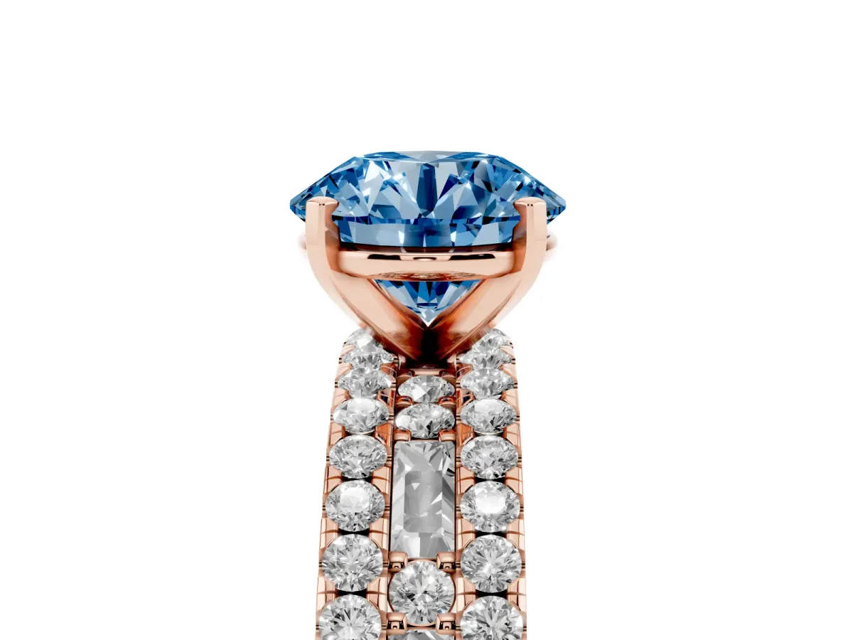 Fancy Blue Round Cut Diamond Solitaire Ring with Pavé and Channel Set Band Rose gold