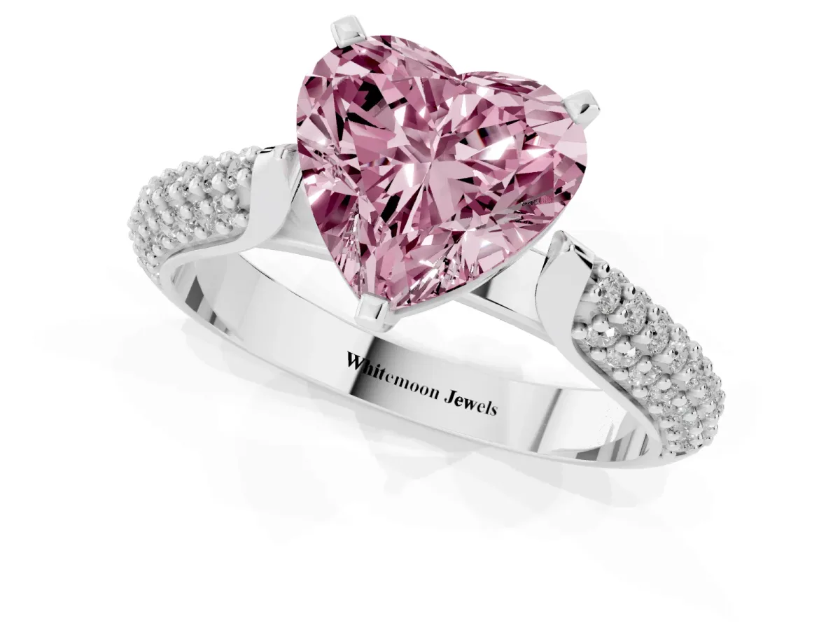 Fancy Pink Heart Cut Diamond Solitaire Engagement Ring with Multi-Row Round Pavé Band and Prong Setting Silver