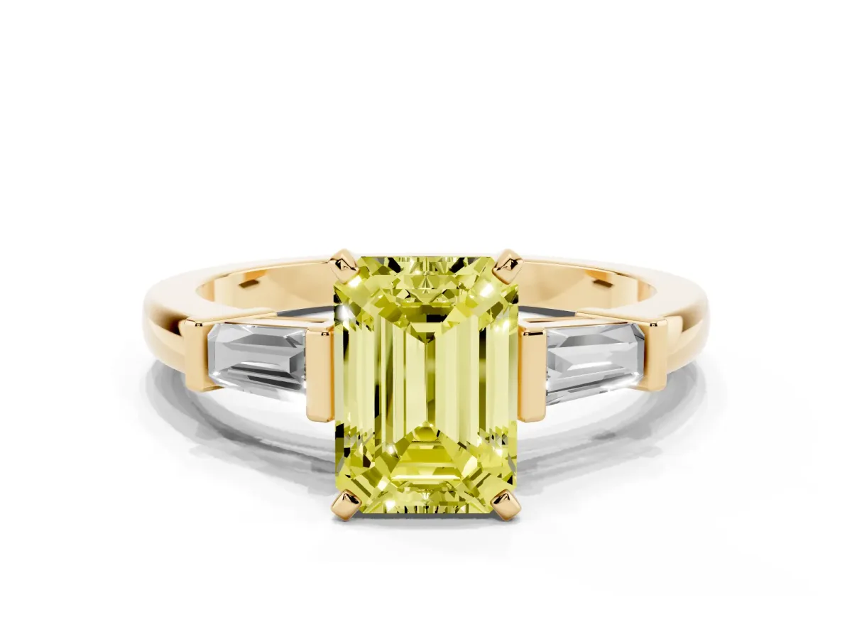 Fancy Yellow Emerald Cut Cut Diamond Solitaire Ring with Tapered Baguette Accents and Four-Prong Setting Yellow gold