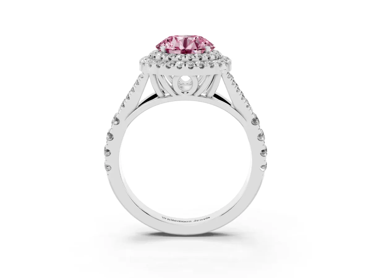 Fancy Pink Round Cut Diamond Double Halo Ring with Split Shank and Prong Setting Platinum