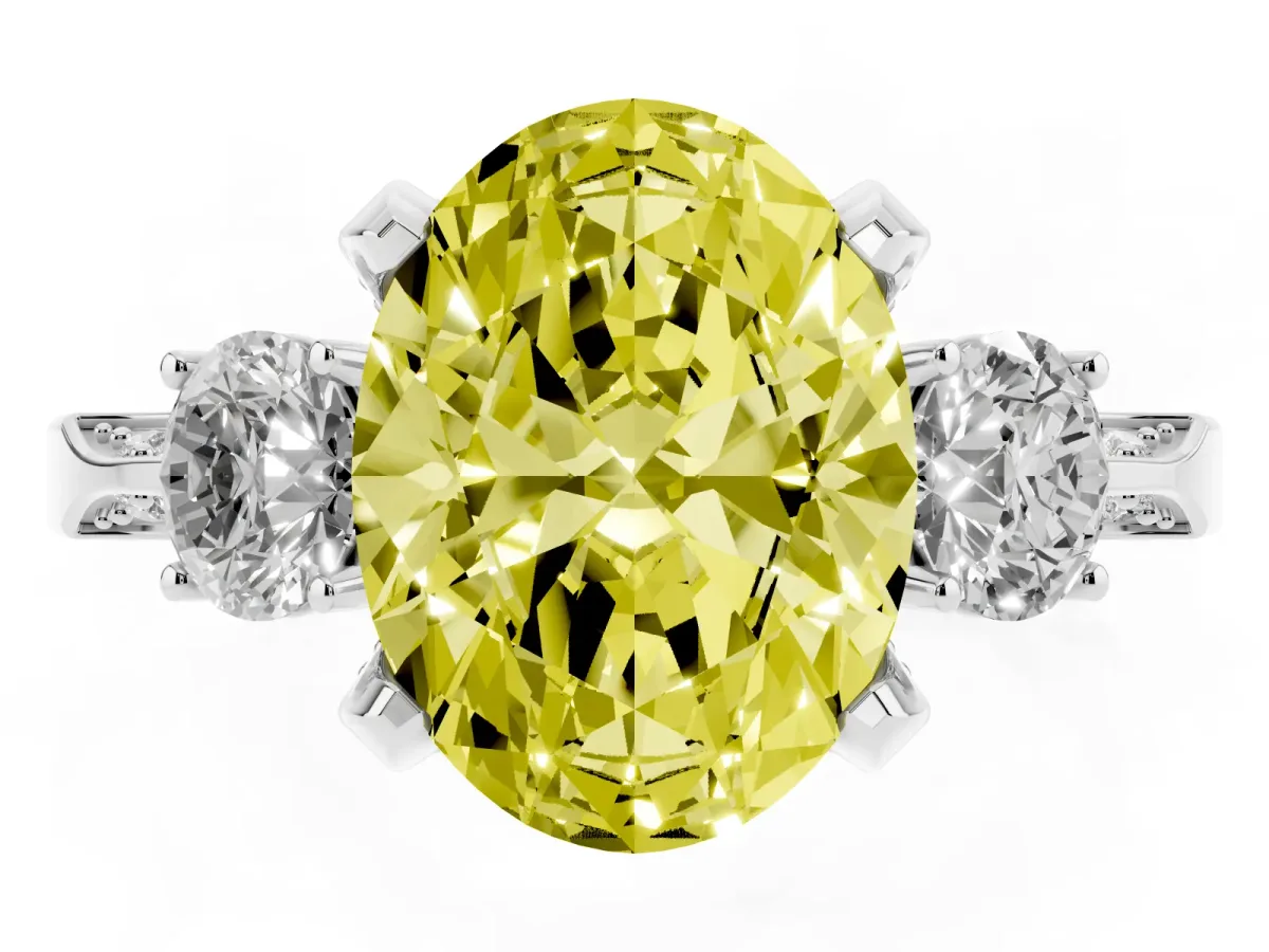 Fancy Yellow Oval Cut Brilliant Three-Stone Diamond Ring with Pavé Band and Four-Prong Setting Silver