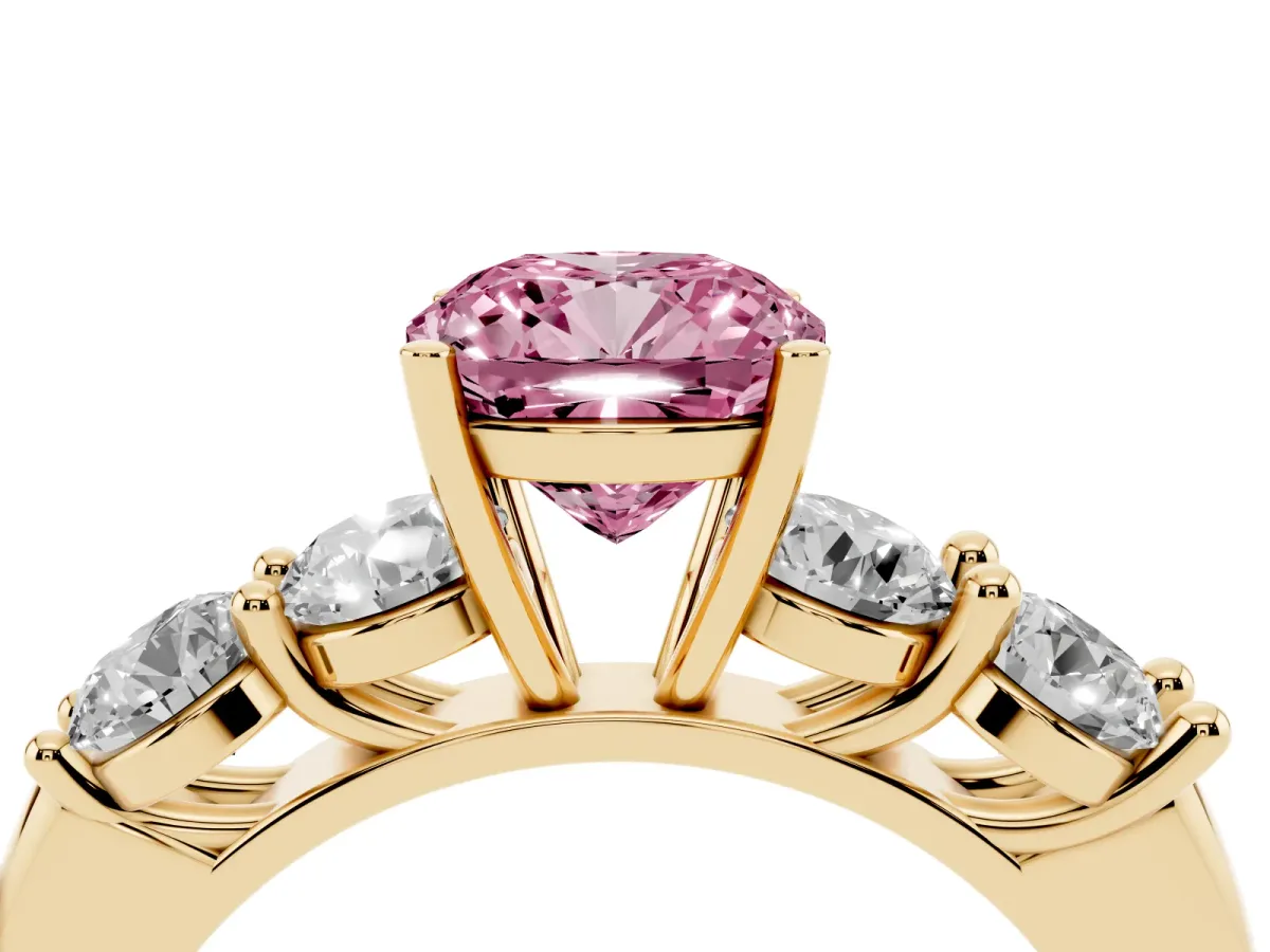 Fancy Pink Cushion Cut Cut Five-Stone Prong Set Diamond Ring with Classic Band Yellow gold