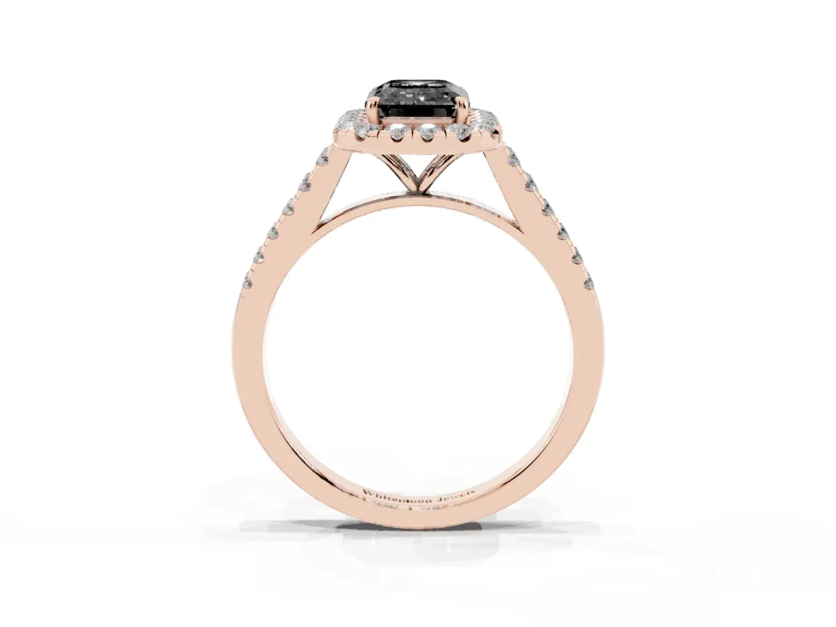 Fancy Black Emerald Cut Halo Pave Diamond Engagement Ring with Four-Prong Setting Rose gold