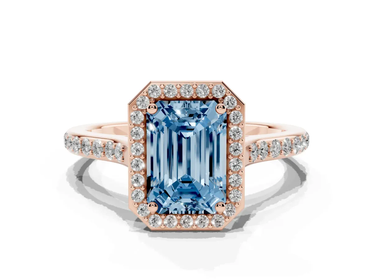 Fancy Blue Emerald Cut Diamond Halo Engagement Ring with Round Pavé Shoulders and Prong Setting Rose gold