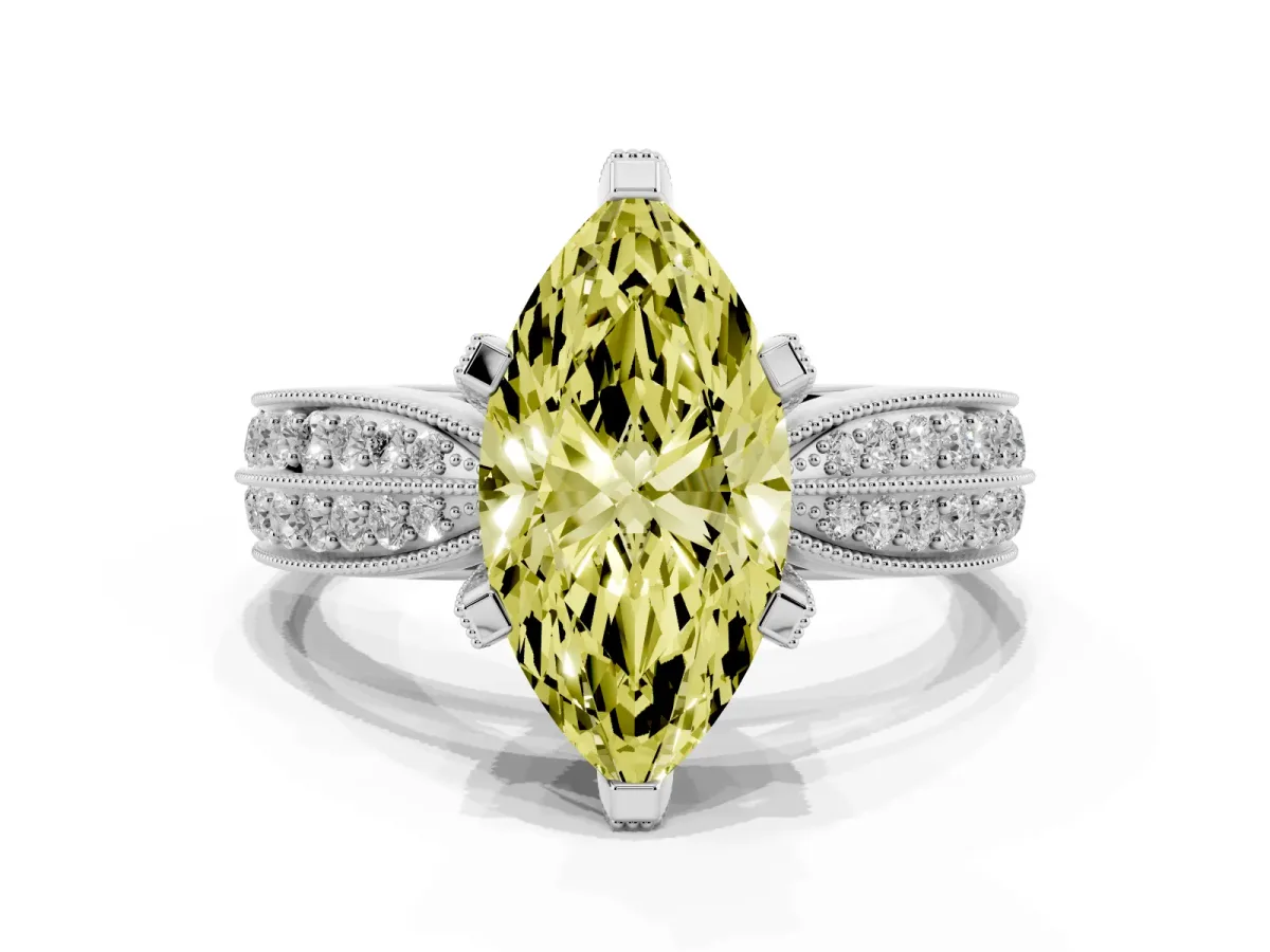 Fancy Yellow Marquise Cut Diamond Solitaire Ring with Milgrain Round Pavé Band and Prong Setting Silver