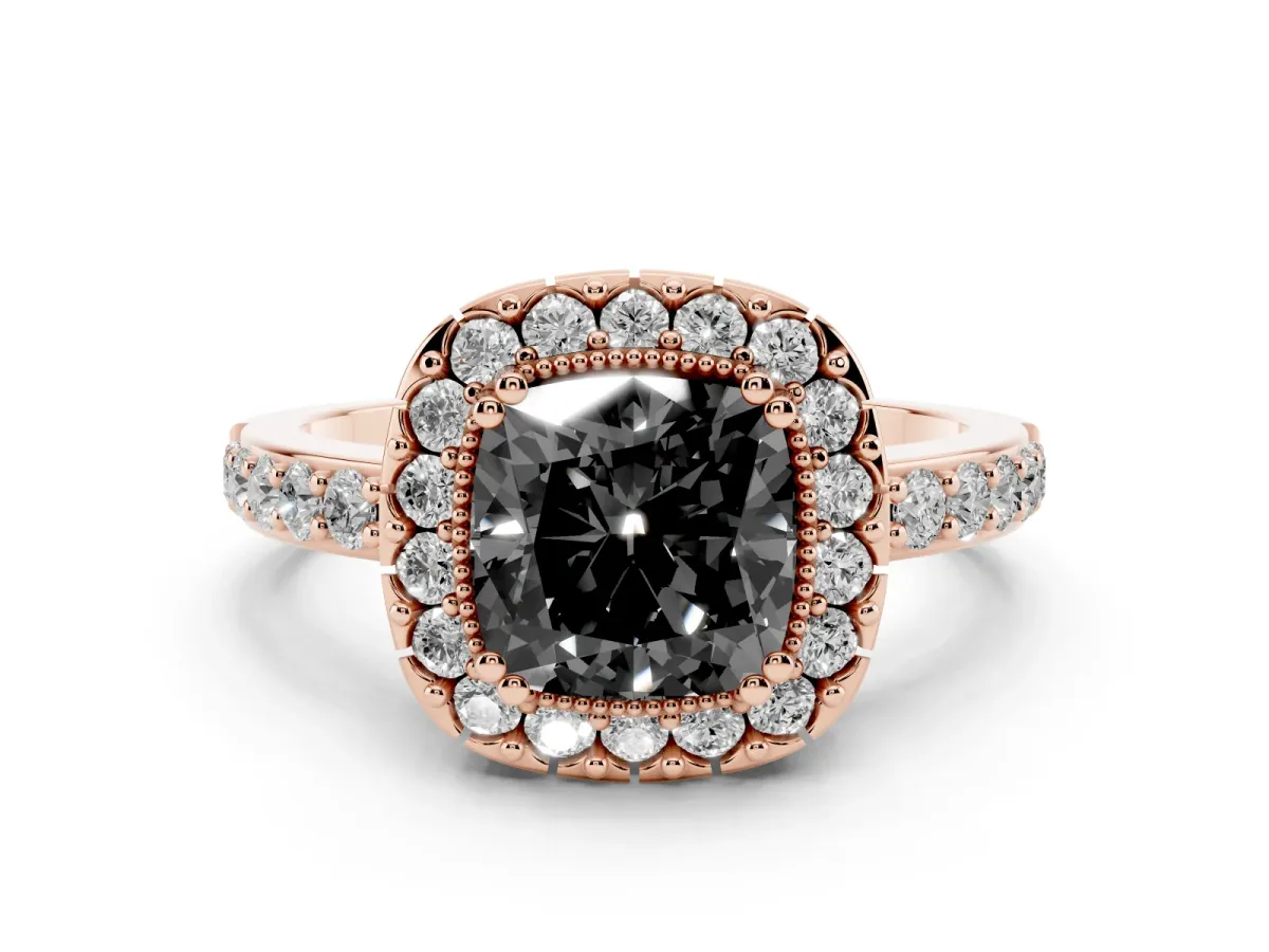Fancy Black Cushion Cut Diamond Halo Ring with Pavé Band and Prong Setting Rose gold
