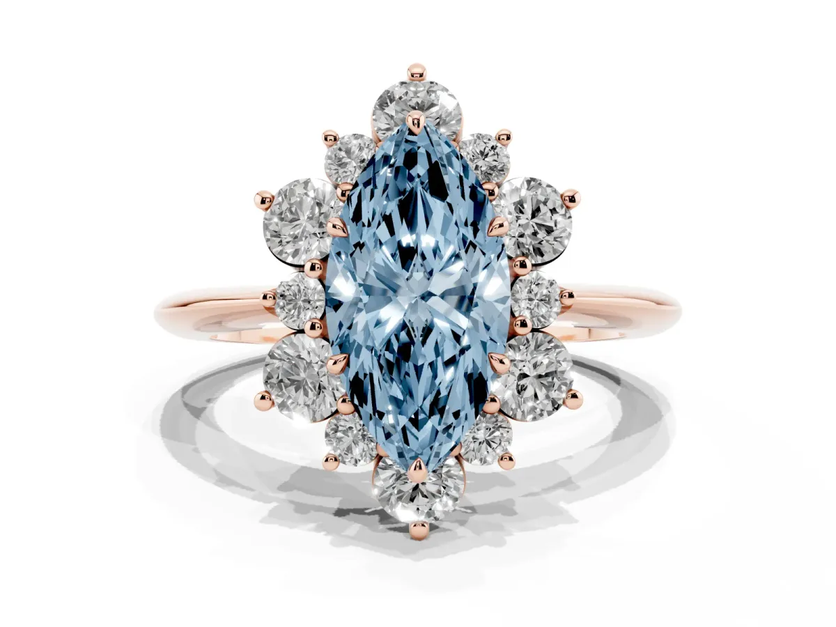 Fancy Blue Marquise Cut Diamond Cluster Halo Ring with Solitaire Band and Four-Prong Setting Rose gold