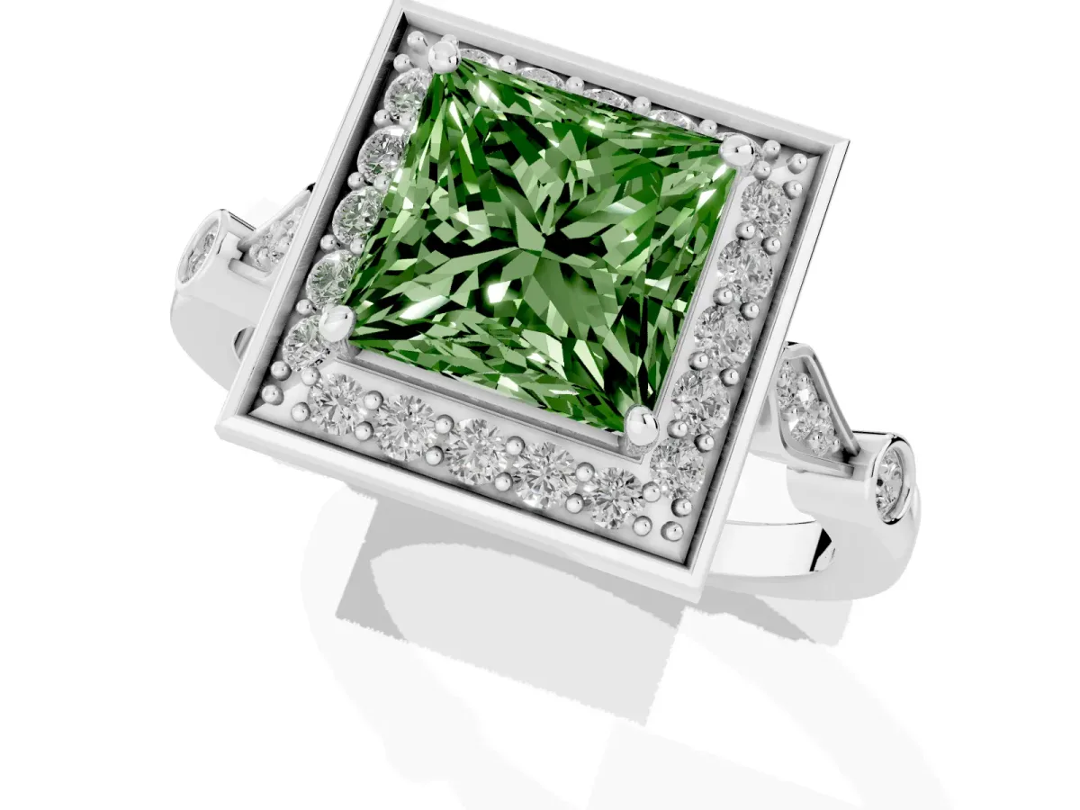 Fancy Green Princess Cut Halo Diamond Engagement Ring with Twisted Band and Four-Prong Setting White gold