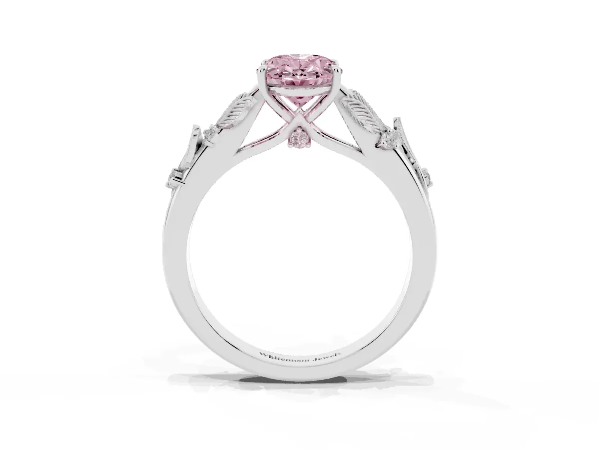 Fancy Pink Oval Cut Diamond Solitaire Ring with Leaf Motif Band and Four-Prong Setting Silver