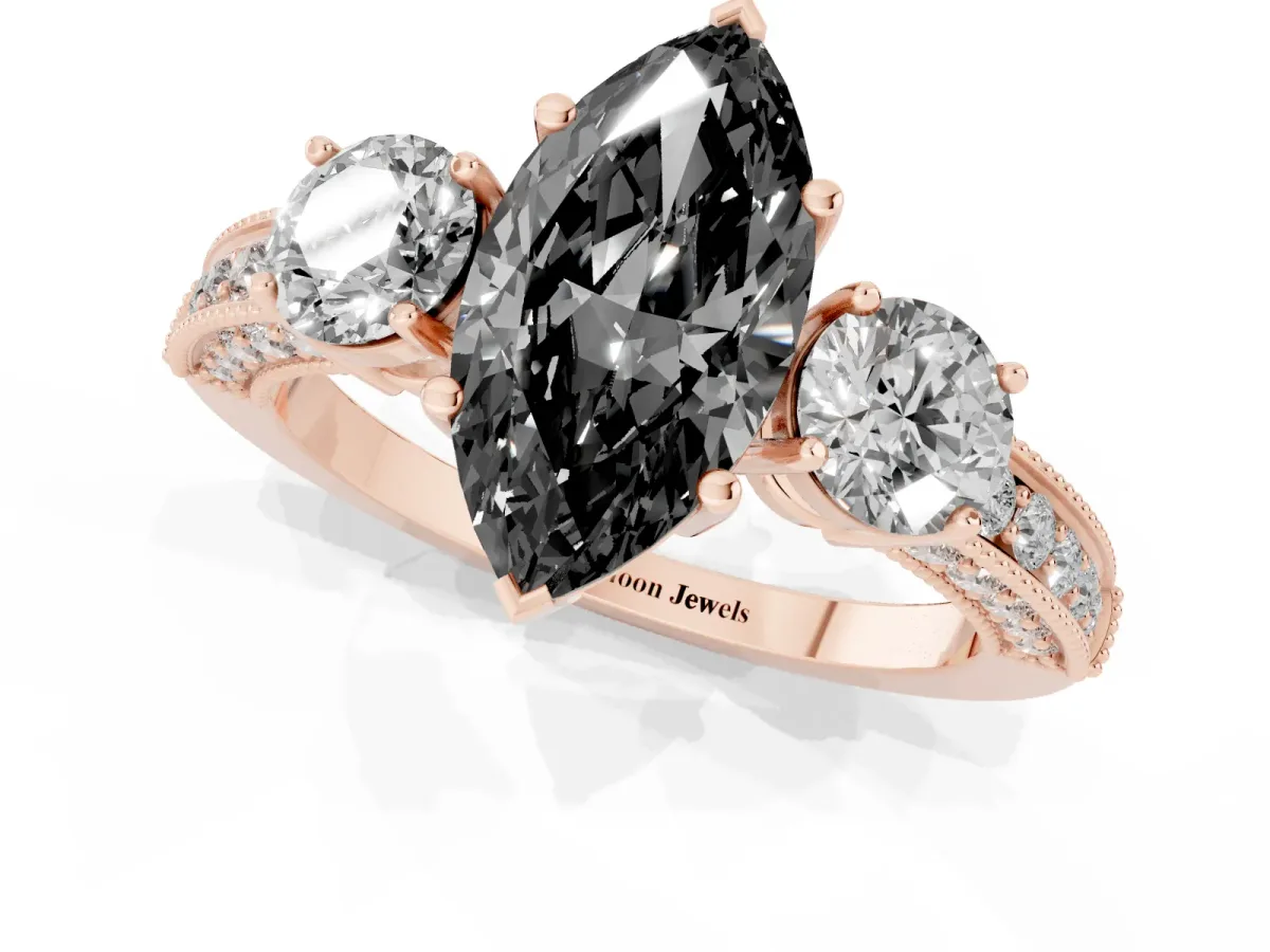 Fancy Black Marquise Cut Three-Stone Diamond Ring with Pavé Band and Four-Prong Setting Rose gold